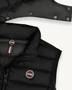 Gilet nero in nylon opaco imbottito in piuma con cappuccio staccabile