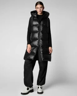 Gilet nero media lunghezza Save the duck modello Iria in tessuto effetto laccato con cappuccio e coulisse tono su tono