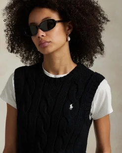 Gilet nero Polo Ralph Lauren in cotone a maxi trecce con scollo tondo e logo ricamato sul petto