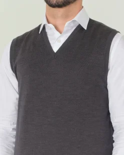 Gilet Pellizzari antracite in pura lana merino con scollo a V