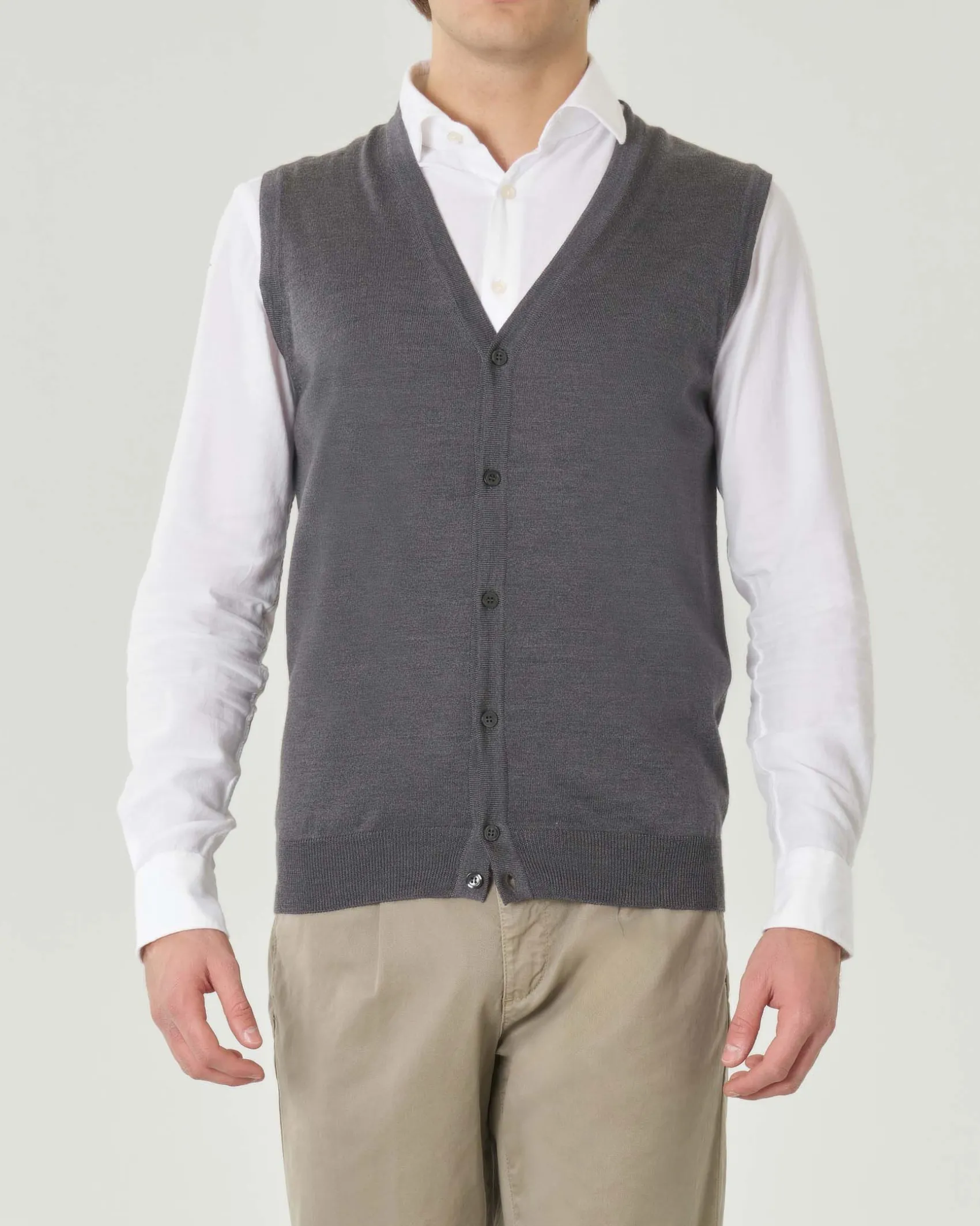 Gilet Pellizzari grigio medio in pura lana merino con chiusura a bottoni