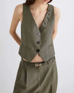 Gilet verde militare Marella in saglia fluida di misto lana e viscosa con pietre applicate