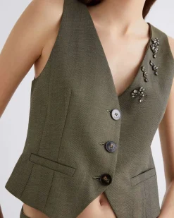 Gilet verde militare Marella in saglia fluida di misto lana e viscosa con pietre applicate