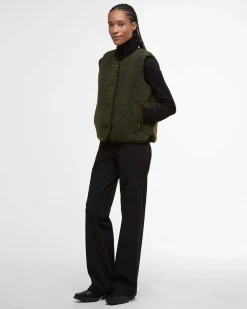 Gilet verde oliva in pile Barbour modello Luciana con profili in velluto a coste colore cammello