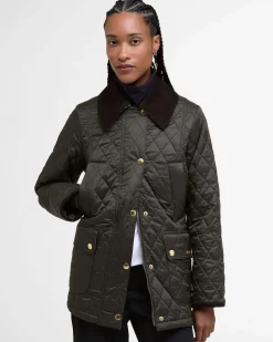Giubbino Barbour Beadnell verde oliva in tessuto trapuntato con colletto marrone in velluto a costine