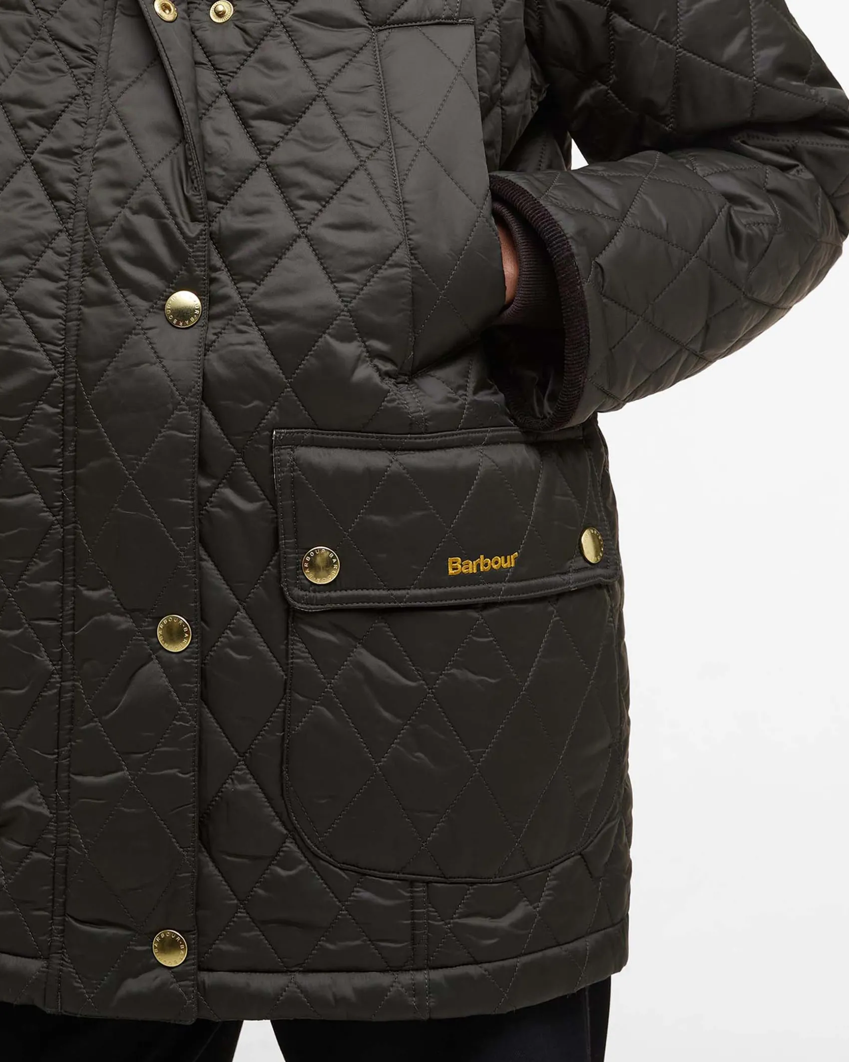 Giubbino Barbour Beadnell verde oliva in tessuto trapuntato con colletto marrone in velluto a costine