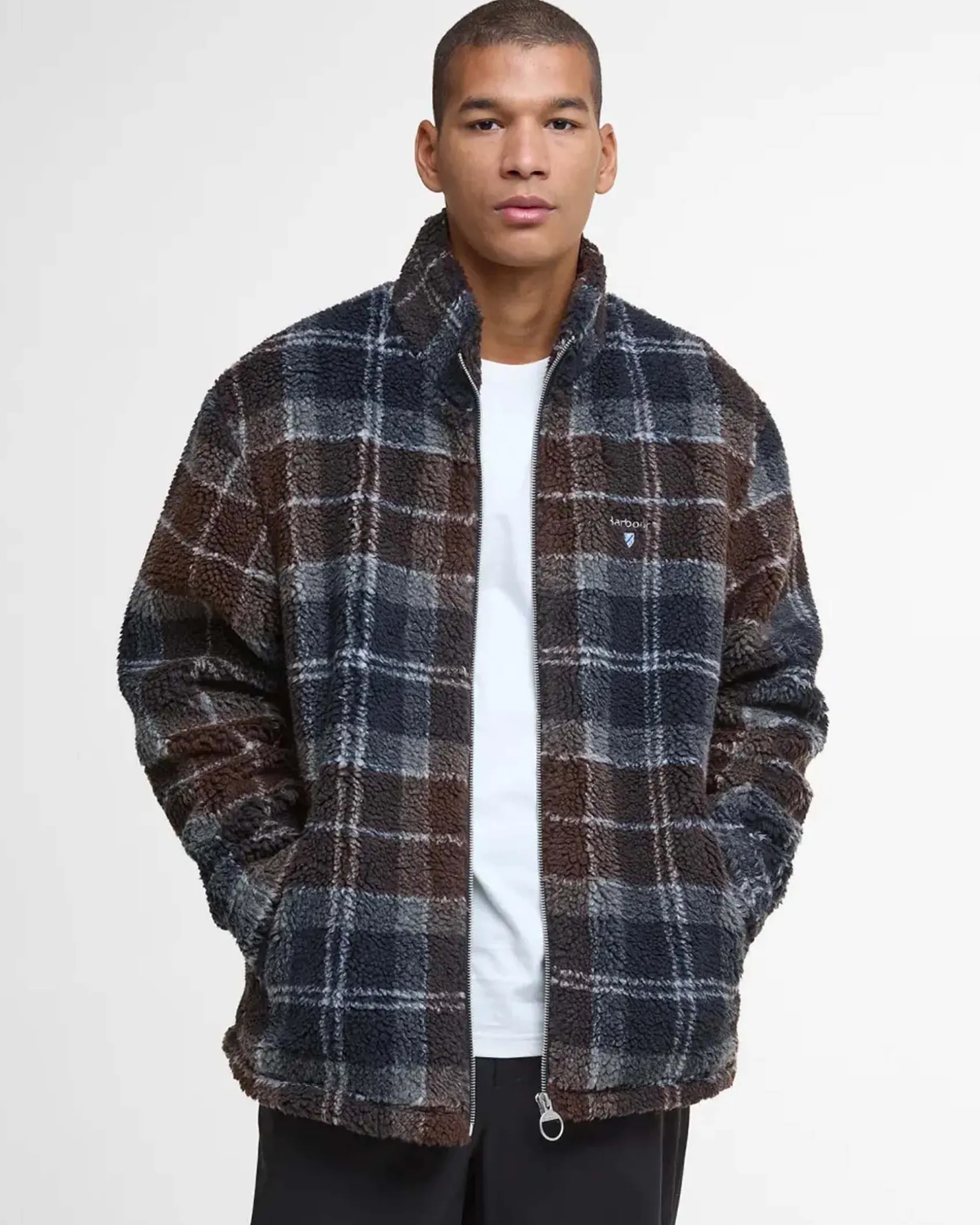 Giubbino Barbour Tartan Fleece in pile sherpa marrone e blu