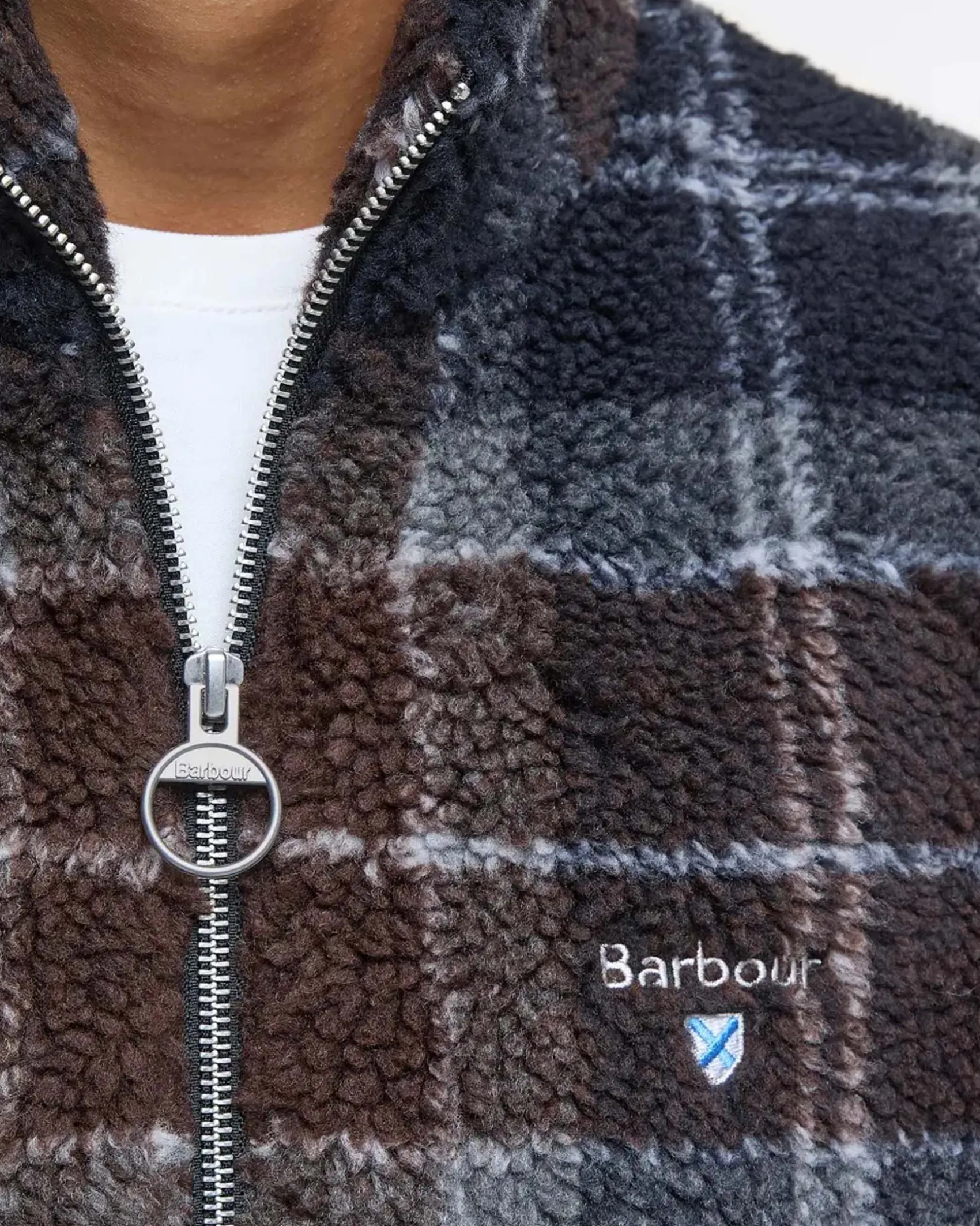 Giubbino Barbour Tartan Fleece in pile sherpa marrone e blu