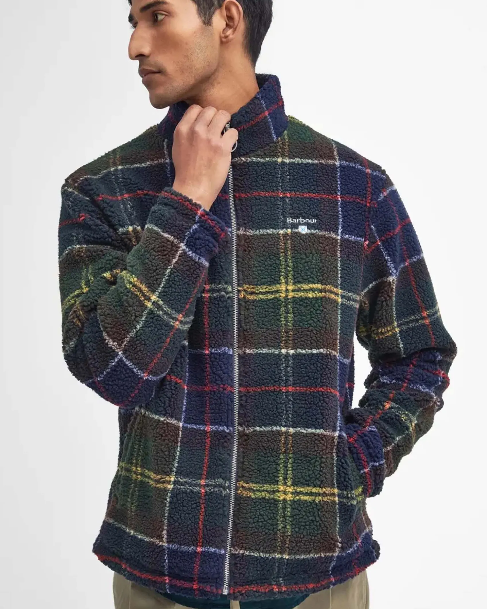 Giubbino Barbour Tartan Fleece in pile sherpa militare e blu