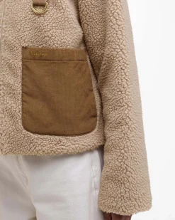 Giubbino beige Barbour modello Malena in teddy bicolore con colletto e tasche in velluto color cammello a costine