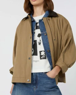 Giubbino beige in canvas di cotone Weekend Max Mara con colletto classico in similpelle a contrasto