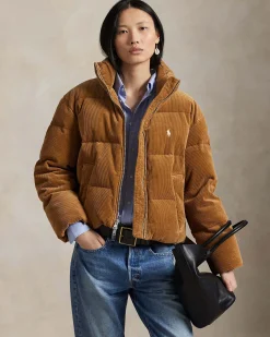 Giubbino color cammello Polo Ralph Lauren in velluto a coste di cotone con imbottitura in piuma d'oca e collo in piedi
