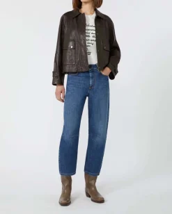 Giubbino marrone in pelle effetto lavato Weekend Max Mara con tasconi laterali con patta