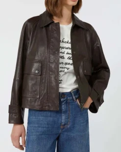 Giubbino marrone in pelle effetto lavato Weekend Max Mara con tasconi laterali con patta
