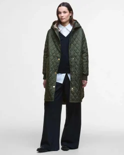 Giubbino midi verde oliva Barbour Hilary trapuntato con cappuccio avvolgente e polsini in tessuto elasticizzato