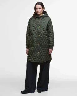 Giubbino midi verde oliva Barbour Hilary trapuntato con cappuccio avvolgente e polsini in tessuto elasticizzato