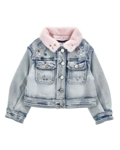 Giubbino Monnalisa in denim di misto cotone con colletto in ecopelliccia rosa e ricamo Stitch Ohana