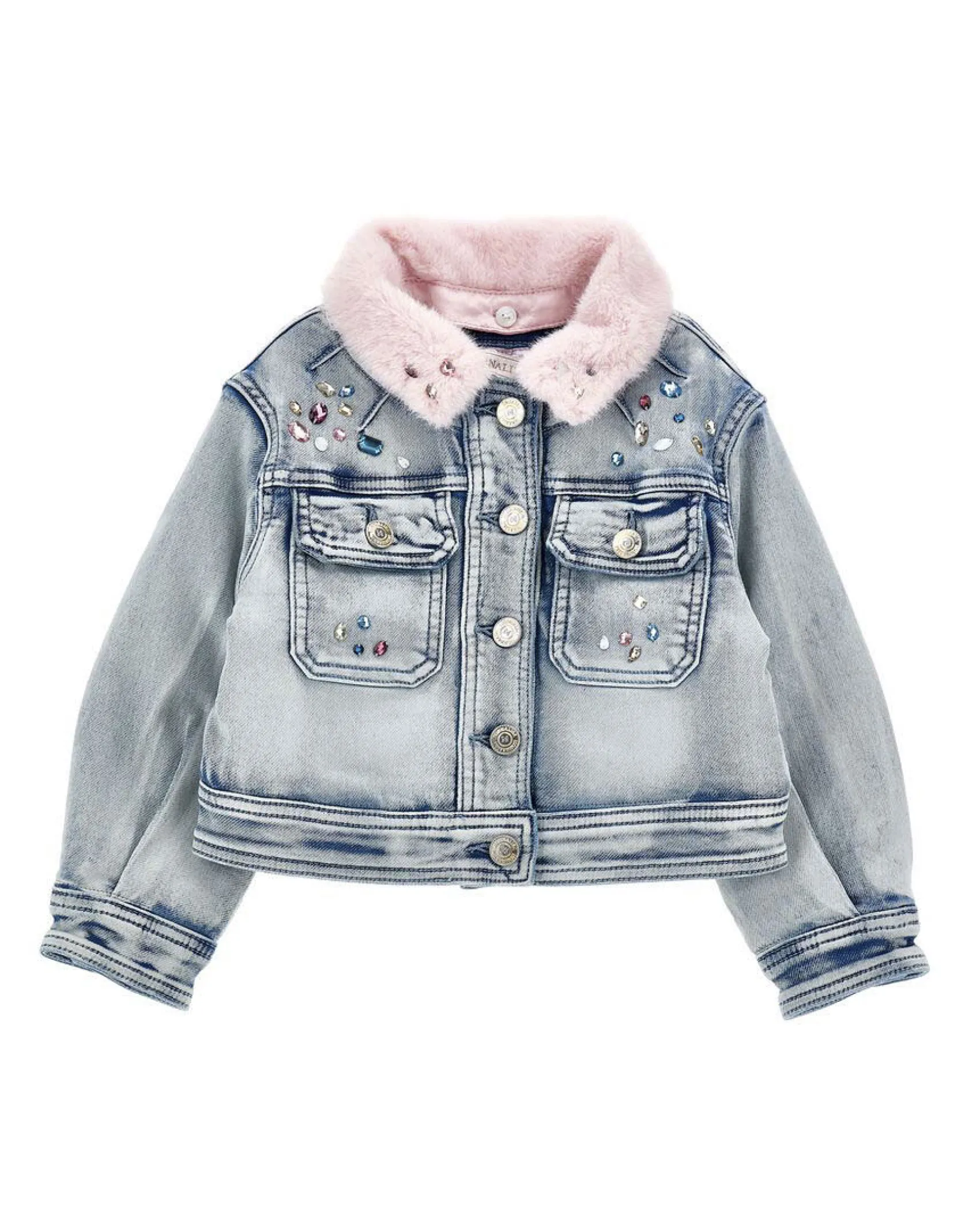 Giubbino Monnalisa in denim di misto cotone con colletto in ecopelliccia rosa e ricamo Stitch Ohana