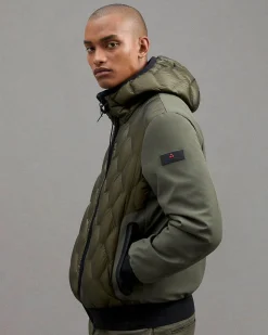 Giubbino Peuterey Koons bi-tessuto verde militare con trapuntatura geometrica e cappuccio