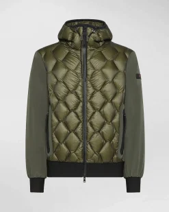 Giubbino Peuterey Koons bi-tessuto verde militare con trapuntatura geometrica e cappuccio