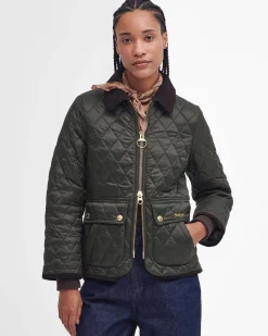 Giubbino sfiancato verde in nylon trapuntato con colletto marrone a costine