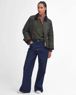 Giubbino sfiancato verde in nylon trapuntato con colletto marrone a costine