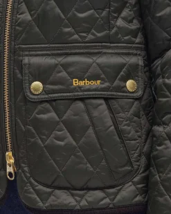 Giubbino sfiancato verde in nylon trapuntato con colletto marrone a costine