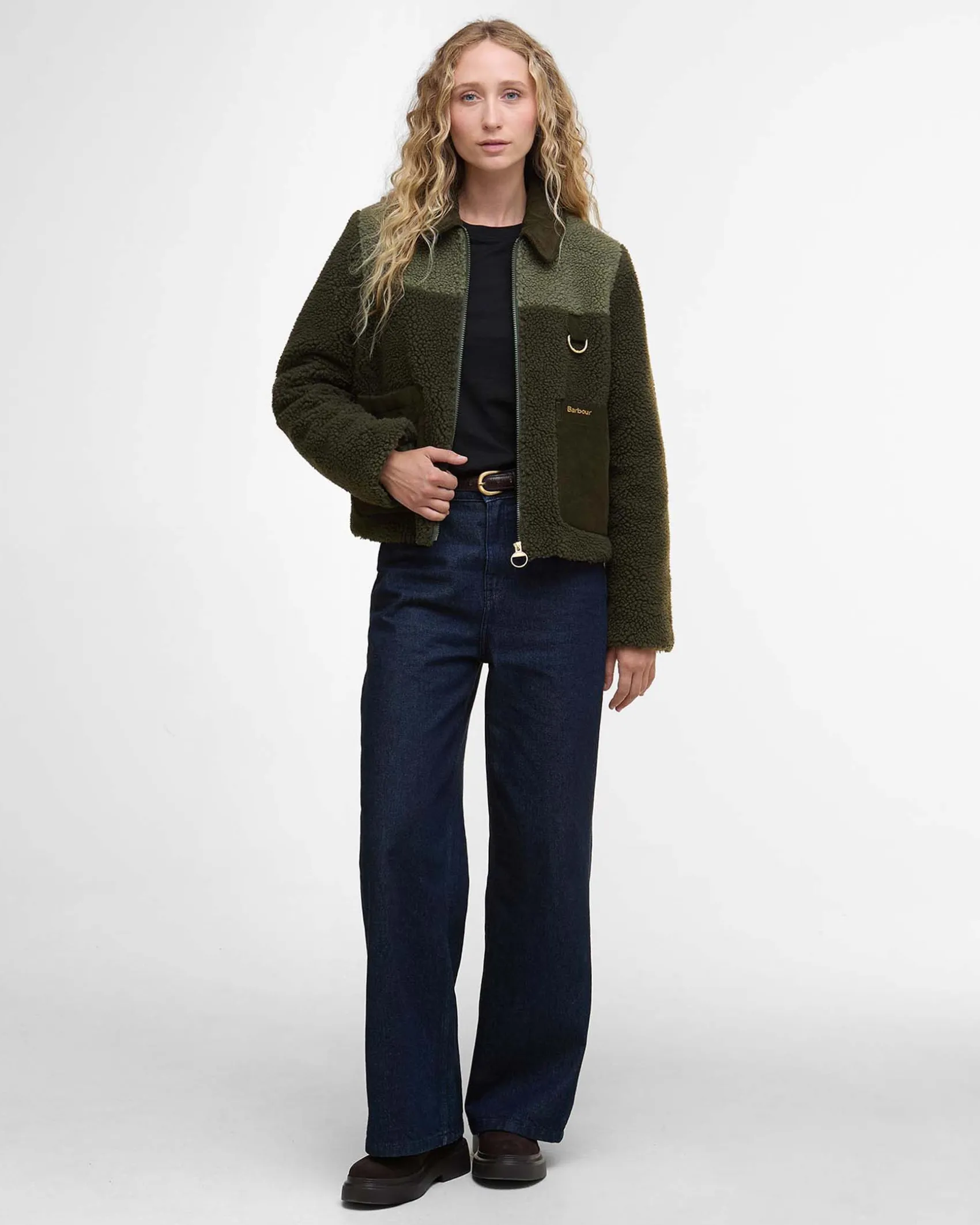Giubbino verde oliva Barbour modello Malena in teddy bicolore con colletto e tasche in velluto color cammello a costine