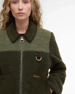 Giubbino verde oliva Barbour modello Malena in teddy bicolore con colletto e tasche in velluto color cammello a costine
