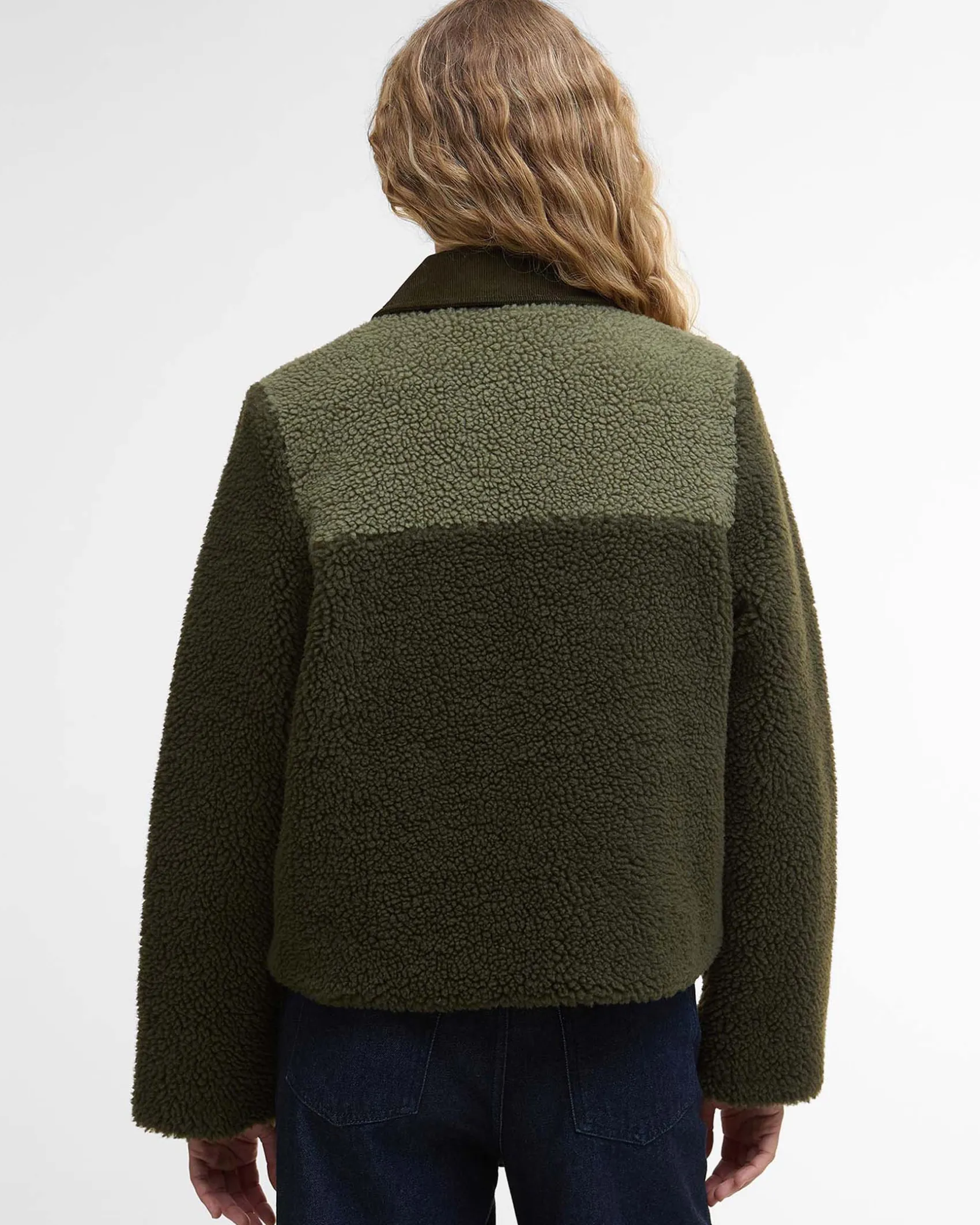 Giubbino verde oliva Barbour modello Malena in teddy bicolore con colletto e tasche in velluto color cammello a costine