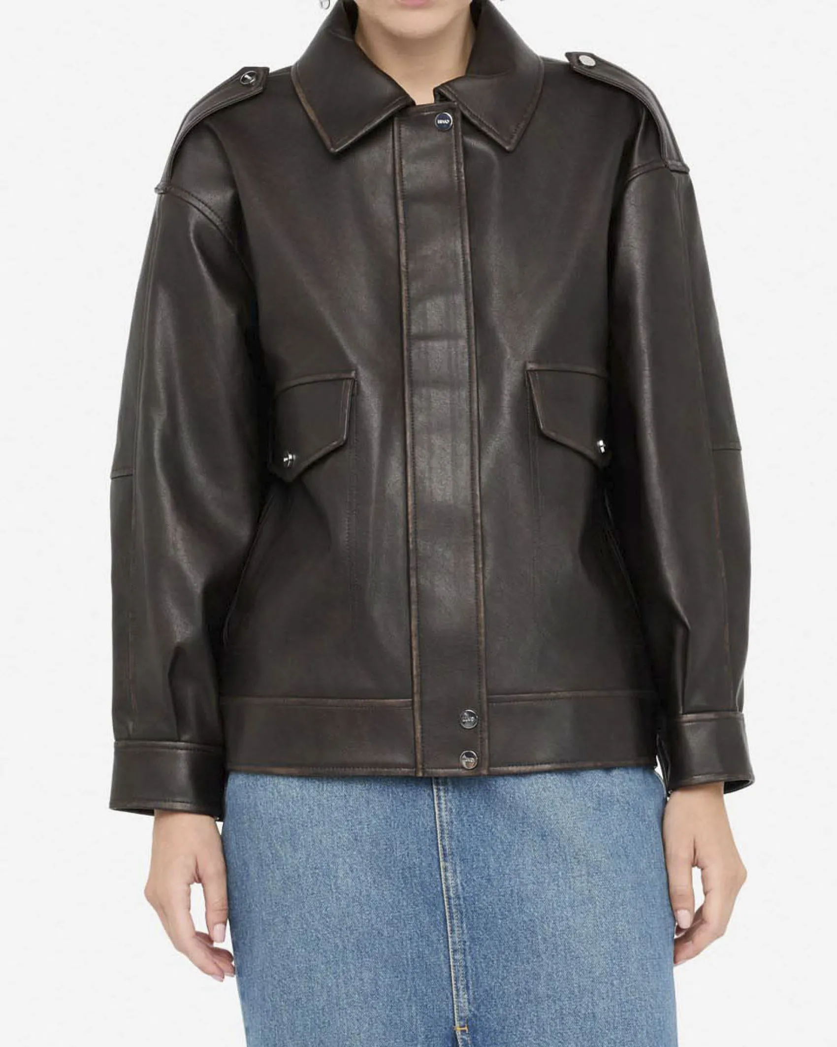 Giubbotto Liu Jo Jeans marrone in similpelle con profili a contrasto
