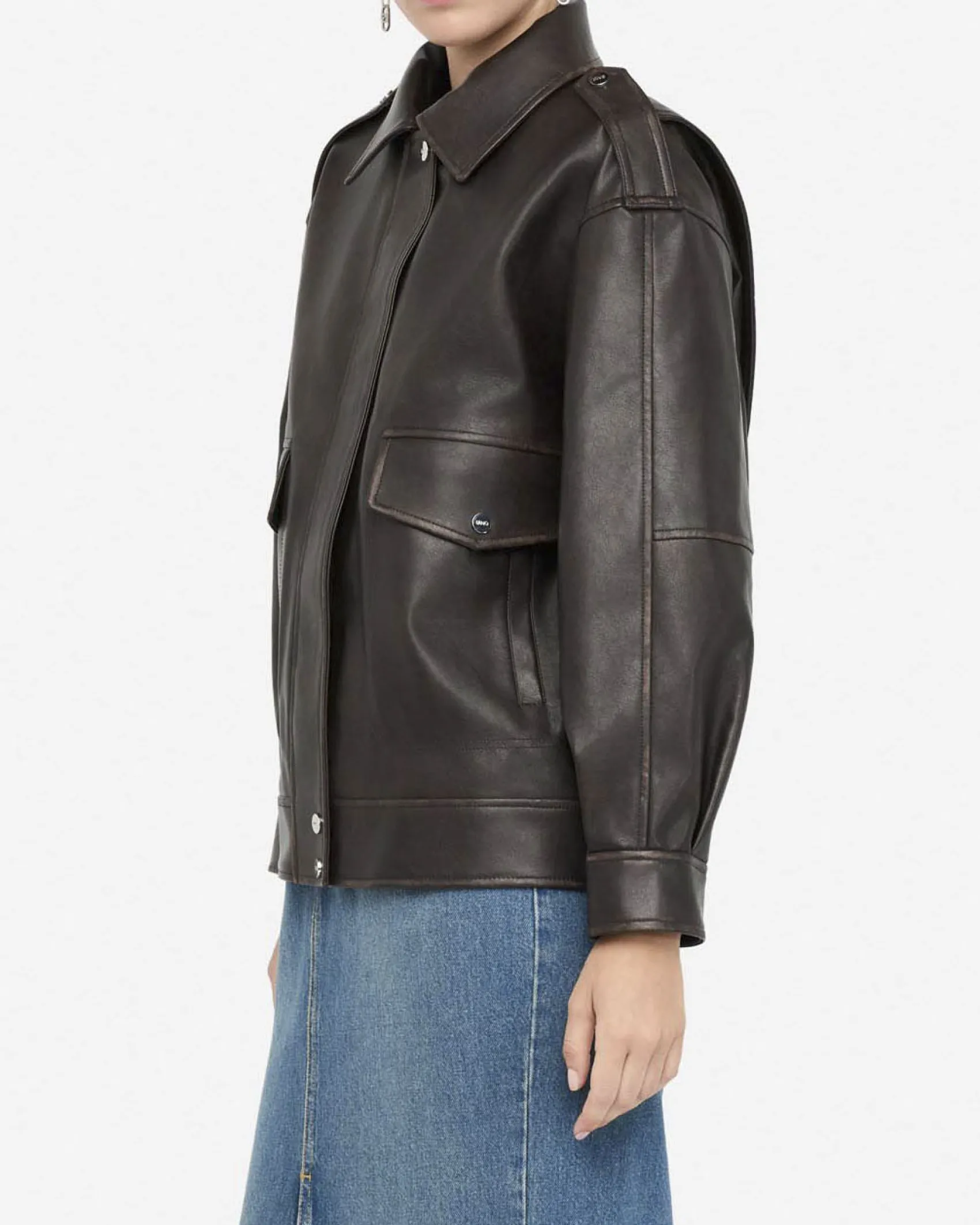 Giubbotto Liu Jo Jeans marrone in similpelle con profili a contrasto