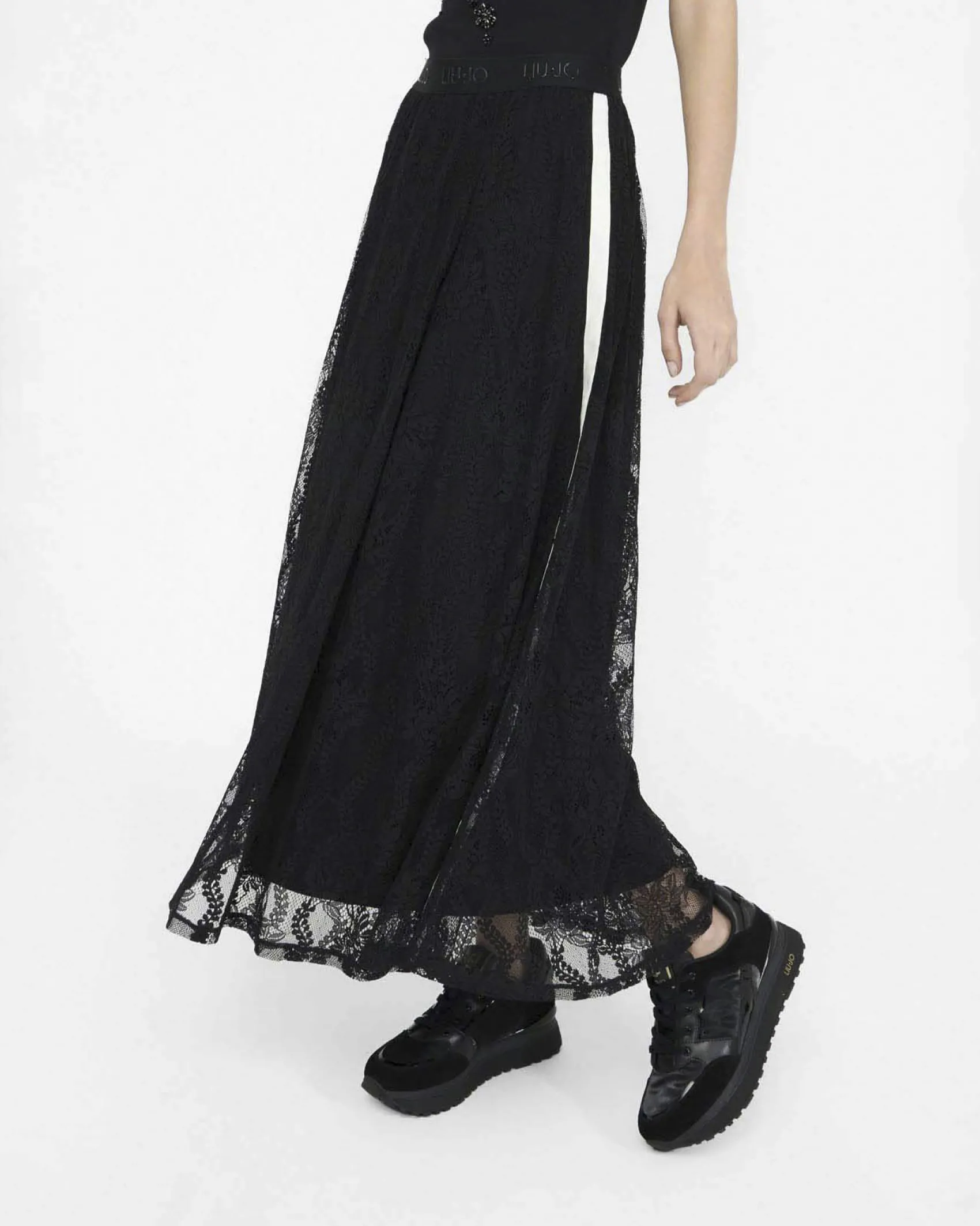 Gonna Liu Jo Sport nera in pizzo con fascia elastica in rilievo