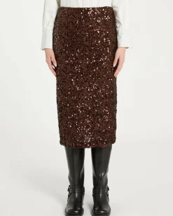 Gonna midi a tubino marrone Marella in paillettes all over con spacco