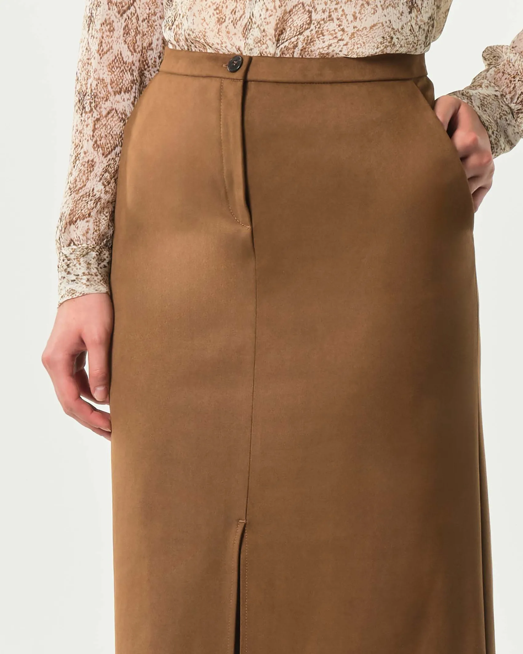 Gonna midi color cuoio Emme Marella in tessuto effetto suede con spacco centrale