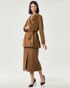 Gonna midi color cuoio Emme Marella in tessuto effetto suede con spacco centrale