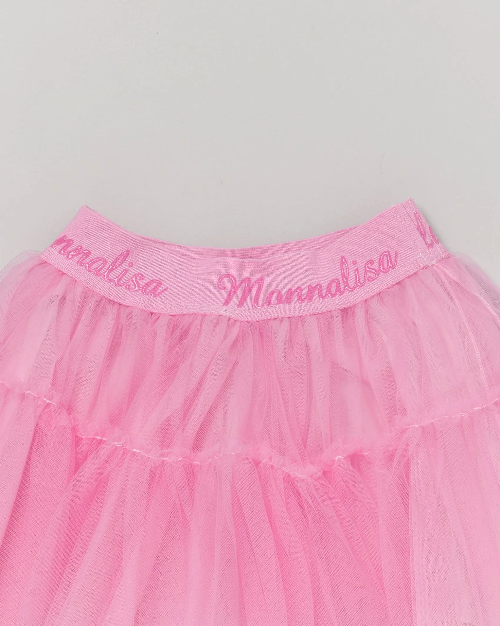 Gonna Monnalisa rosa a lunghezza media in tulle con balze