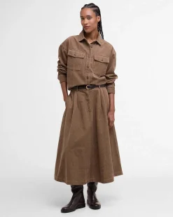 Gonne midi Yasmin Barbour color cammello dalla linea a ruota in velluto a costine con cinturini in vita