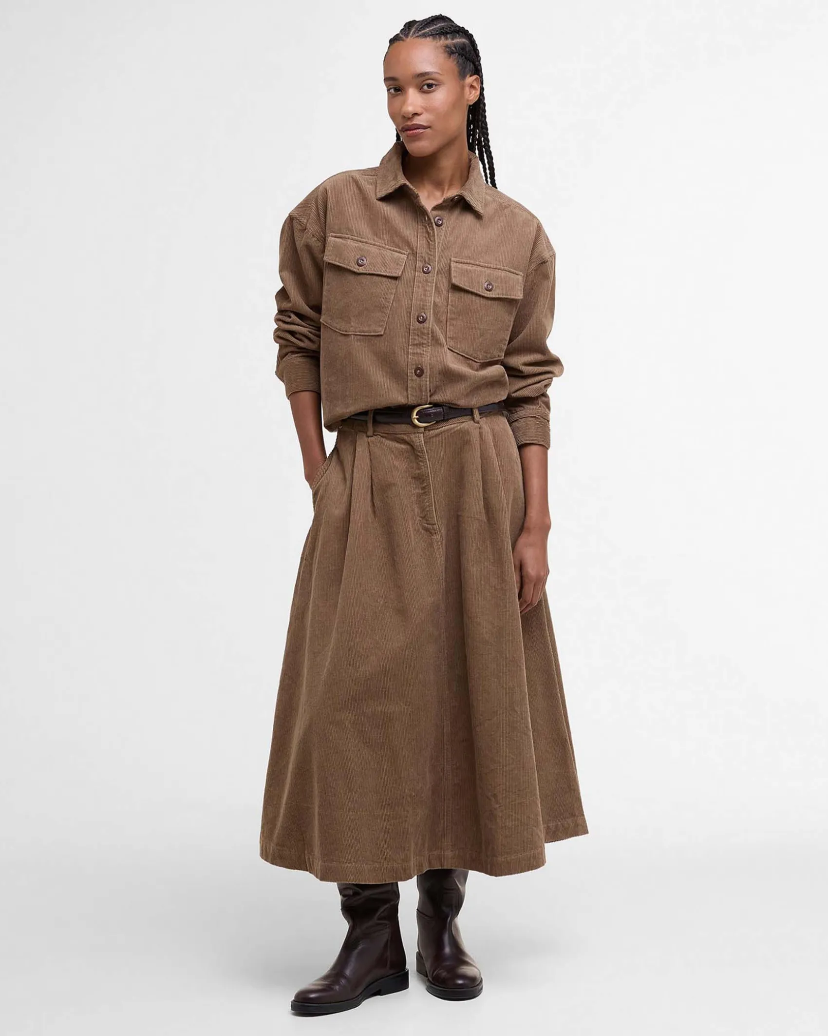 Gonne midi Yasmin Barbour color cammello dalla linea a ruota in velluto a costine con cinturini in vita