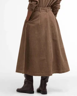 Gonne midi Yasmin Barbour color cammello dalla linea a ruota in velluto a costine con cinturini in vita