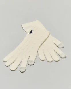 Guanti bianchi in lana e cashmere a trecce con logo bianco ricamato