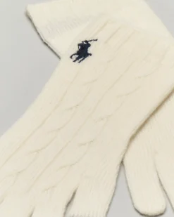 Guanti bianchi in lana e cashmere a trecce con logo bianco ricamato