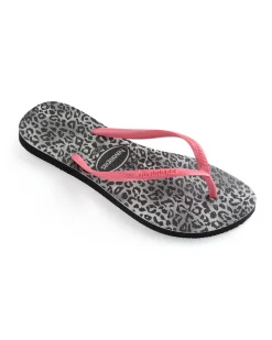 Havaianas Slim Leopard con stampa animaler grigia e nera e fascetta rosa