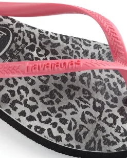 Havaianas Slim Leopard con stampa animaler grigia e nera e fascetta rosa