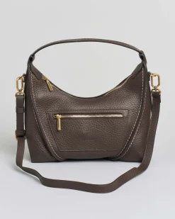 Hobo bag color testa moro Visonà misura piccola in pelle martellata con impunture e cuciture a rilievo