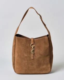 Hobo bag Hlo! color cuoio in suede con chiusura a moschettone