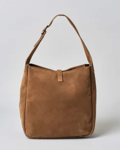 Hobo bag Hlo! color cuoio in suede con chiusura a moschettone