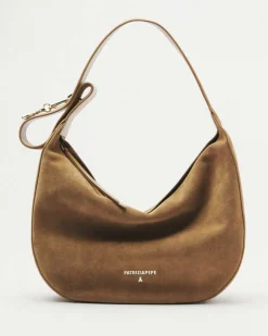 Hobo bag New Moon Patrizia Pepe in pelle scamosciata color cuoio con portachiavi Fly