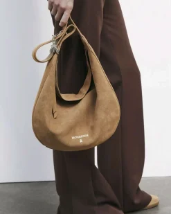 Hobo bag New Moon Patrizia Pepe in pelle scamosciata color cuoio con portachiavi Fly