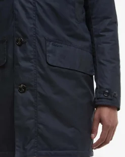 Impermeabile Barbour Wax Mac blu con colletto in velluto